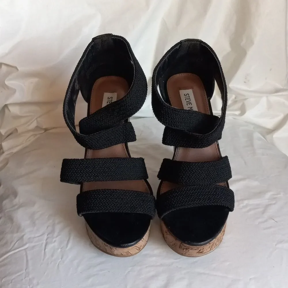 Steve Madden Camdyn Black Strappy Wedge Cork Heel Size 6